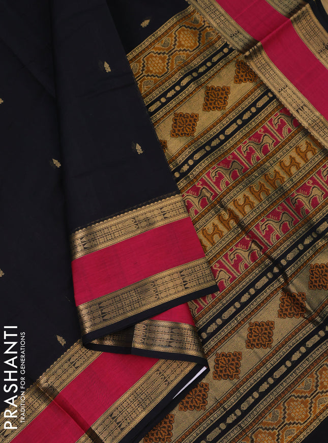 Kanchipuram silk cotton saree black and pink with zari woven buttas and rettapet zari woven border
