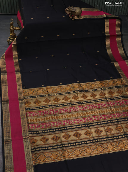 Kanchipuram silk cotton saree black and pink with zari woven buttas and rettapet zari woven border