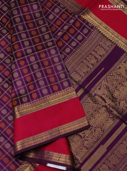 Kanchipuram silk cotton saree purple and pink with allover thread checks & buttas and rettapet zari woven border