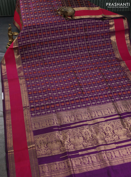 Kanchipuram silk cotton saree purple and pink with allover thread checks & buttas and rettapet zari woven border