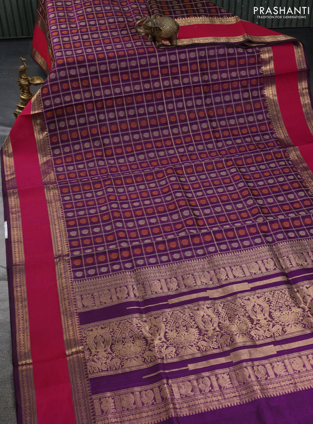 Kanchipuram silk cotton saree purple and pink with allover thread checks & buttas and rettapet zari woven border
