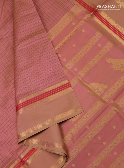 Kanchipuram silk cotton saree pastel peach pink and sandal with allover lakshadeepam pattern and rettapet zari woven border