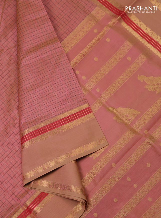 Kanchipuram silk cotton saree pastel peach pink and sandal with allover lakshadeepam pattern and rettapet zari woven border