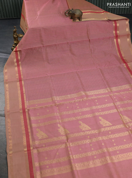 Kanchipuram silk cotton saree pastel peach pink and sandal with allover lakshadeepam pattern and rettapet zari woven border