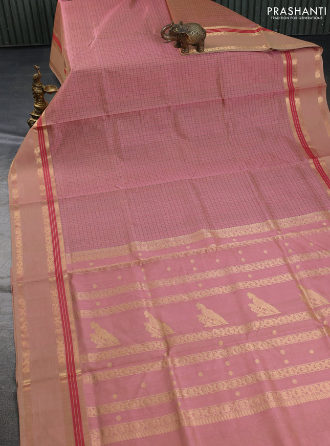 Kanchipuram silk cotton saree pastel peach pink and sandal with allover lakshadeepam pattern and rettapet zari woven border