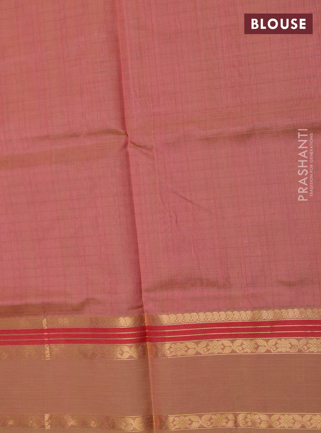 Kanchipuram silk cotton saree pastel peach pink and sandal with allover lakshadeepam pattern and rettapet zari woven border