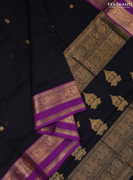 Kanchipuram silk cotton saree black and purple with annam zari woven buttas and rettapet zari woven border