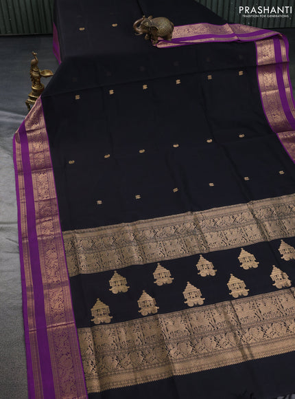 Kanchipuram silk cotton saree black and purple with annam zari woven buttas and rettapet zari woven border