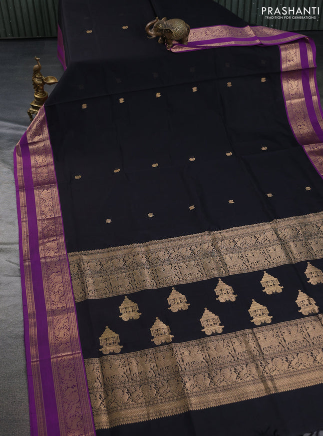 Kanchipuram silk cotton saree black and purple with annam zari woven buttas and rettapet zari woven border