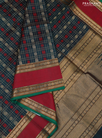 Kanchipuram silk cotton saree dark green and maroon with allover zari checks & buttas and rettapet zari woven border