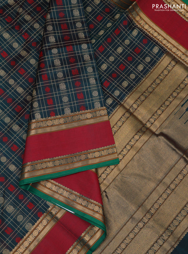 Kanchipuram silk cotton saree dark green and maroon with allover zari checks & buttas and rettapet zari woven border