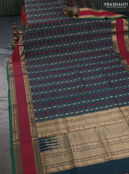 Kanchipuram silk cotton saree dark green and maroon with allover zari checks & buttas and rettapet zari woven border