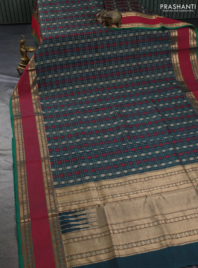 Kanchipuram silk cotton saree dark green and maroon with allover zari checks & buttas and rettapet zari woven border