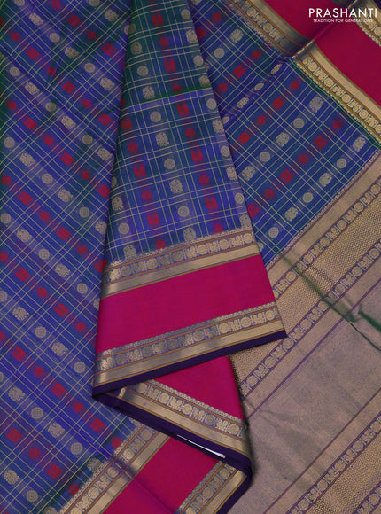Kanchipuram silk cotton saree dual shade of bluish green and pink with allover zari checks & buttas and rettapet zari woven border