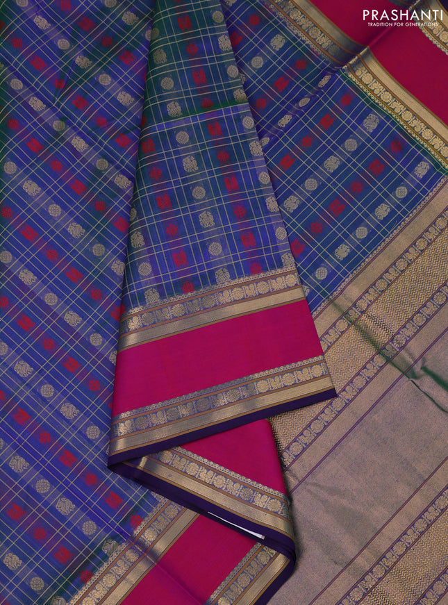 Kanchipuram silk cotton saree dual shade of bluish green and pink with allover zari checks & buttas and rettapet zari woven border
