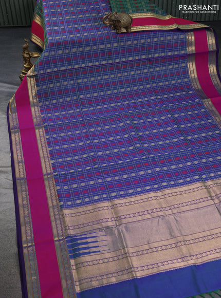 Kanchipuram silk cotton saree dual shade of bluish green and pink with allover zari checks & buttas and rettapet zari woven border