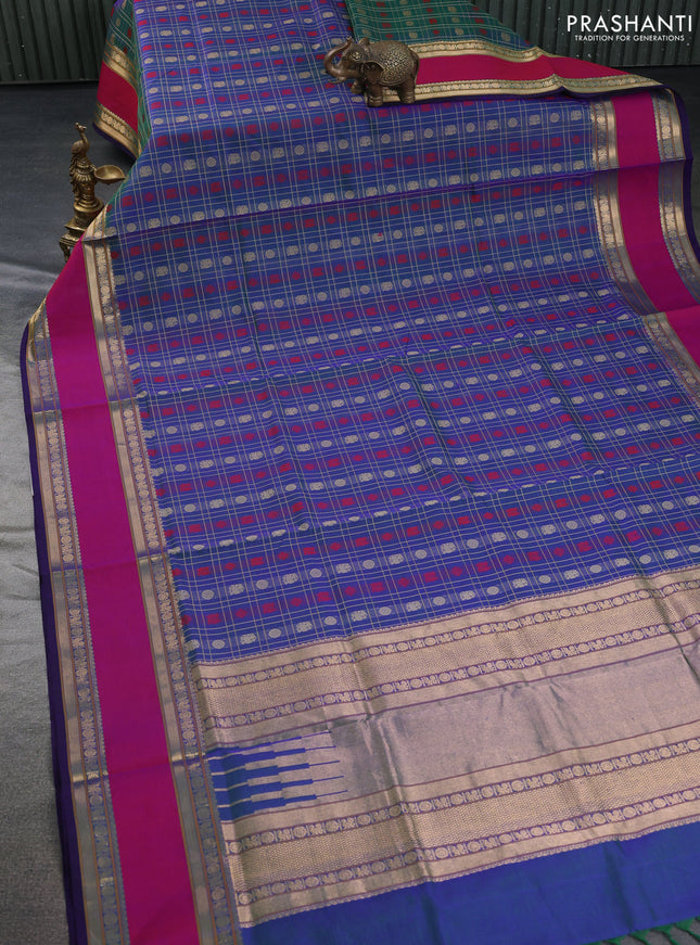 Kanchipuram silk cotton saree dual shade of bluish green and pink with allover zari checks & buttas and rettapet zari woven border