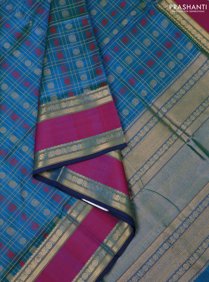 Kanchipuram silk cotton saree dual shade of teal blue and magenta pink with allover zari checks & buttas and rettapet zari woven border