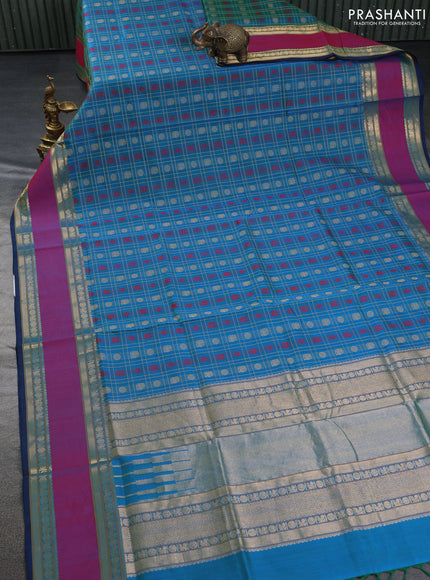 Kanchipuram silk cotton saree dual shade of teal blue and magenta pink with allover zari checks & buttas and rettapet zari woven border