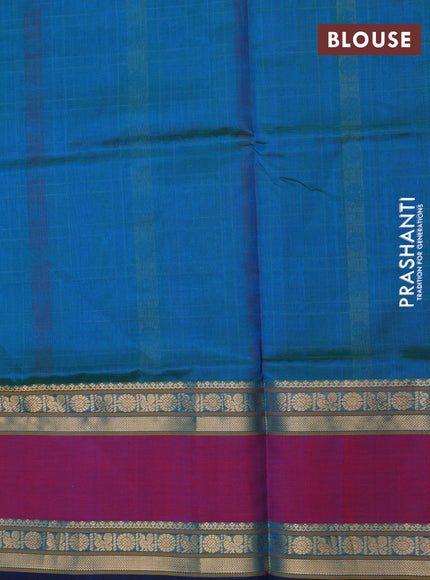 Kanchipuram silk cotton saree dual shade of teal blue and magenta pink with allover zari checks & buttas and rettapet zari woven border