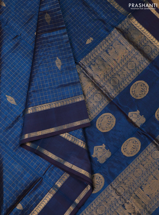 Kanchipuram silk cotton saree peacock blue with allover zari checks & buttas and rettapet zari woven border