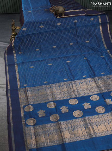 Kanchipuram silk cotton saree peacock blue with allover zari checks & buttas and rettapet zari woven border