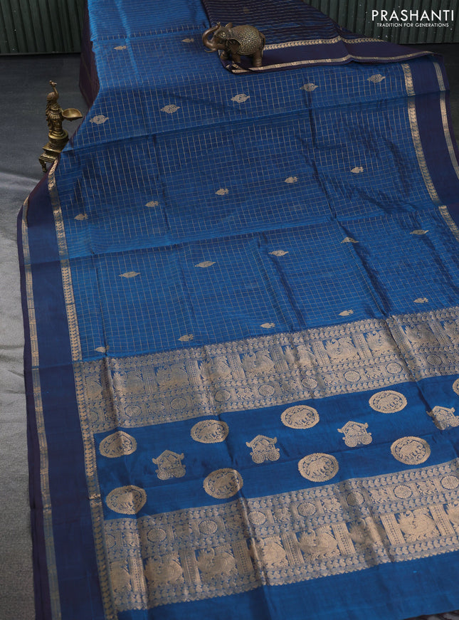 Kanchipuram silk cotton saree peacock blue with allover zari checks & buttas and rettapet zari woven border