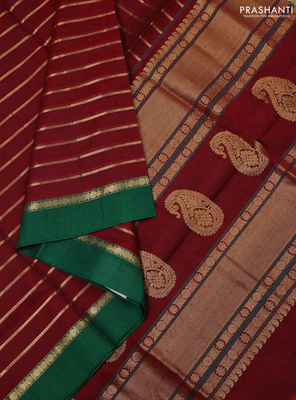 Kanchipuram silk cotton saree maroon and green with allover zari woven stripes pattern and zari woven simple border