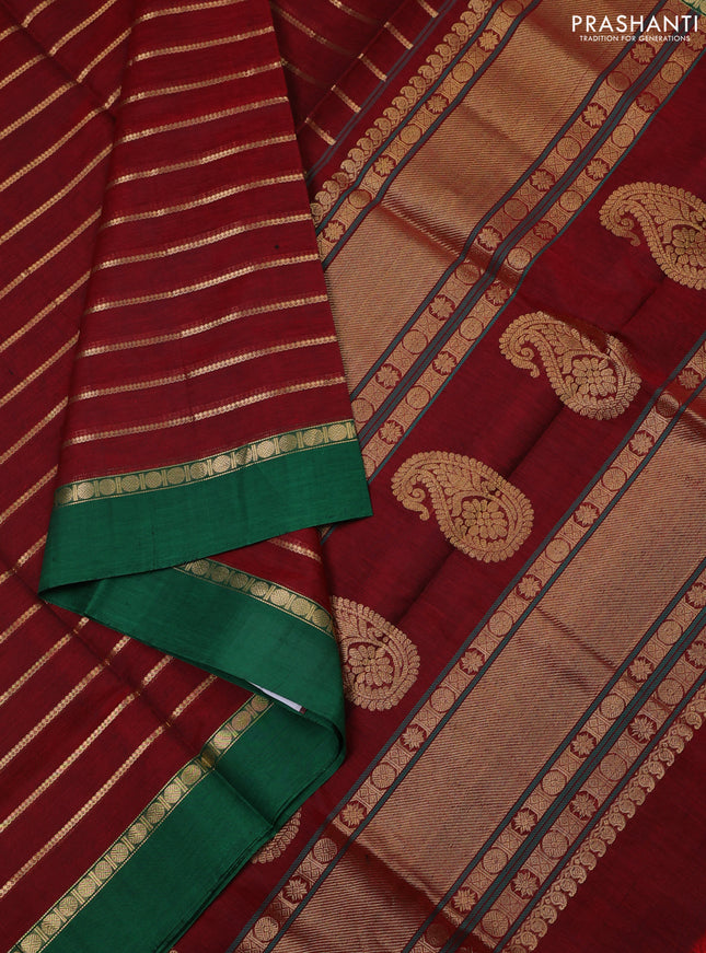 Kanchipuram silk cotton saree maroon and green with allover zari woven stripes pattern and zari woven simple border