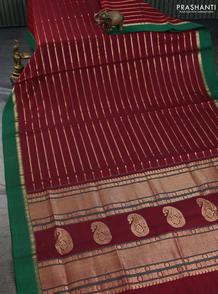 Kanchipuram silk cotton saree maroon and green with allover zari woven stripes pattern and zari woven simple border