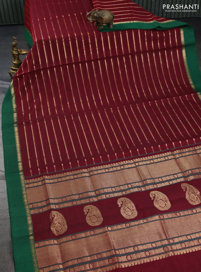 Kanchipuram silk cotton saree maroon and green with allover zari woven stripes pattern and zari woven simple border