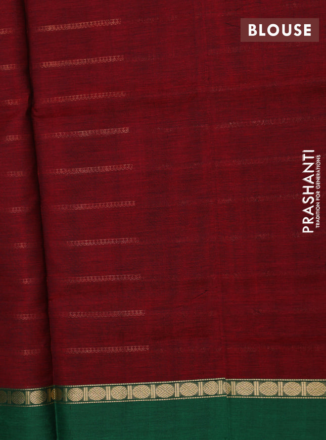 Kanchipuram silk cotton saree maroon and green with allover zari woven stripes pattern and zari woven simple border