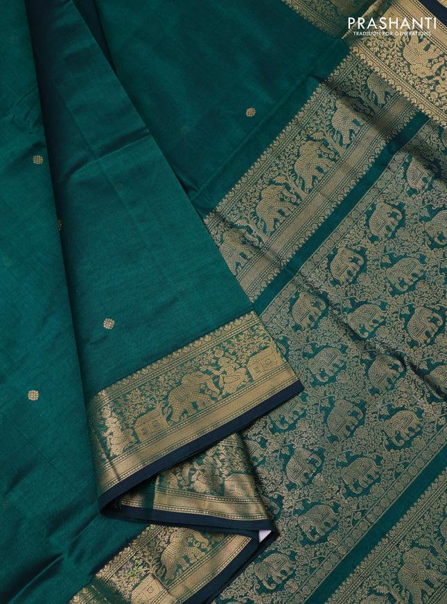 Kanchipuram silk cotton saree peacock green with zari woven buttas and zari woven border