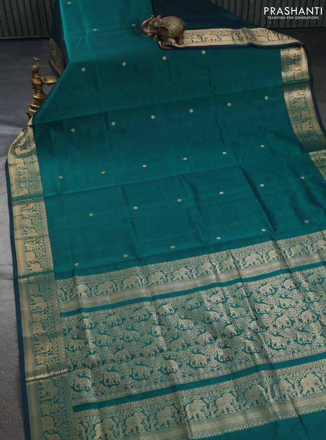 Kanchipuram silk cotton saree peacock green with zari woven buttas and zari woven border