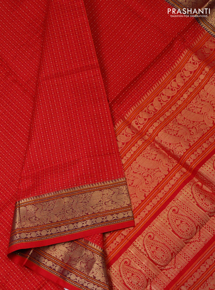 Kanchipuram silk cotton saree red with allover lakshadeepam pattern and rettapet zari woven border