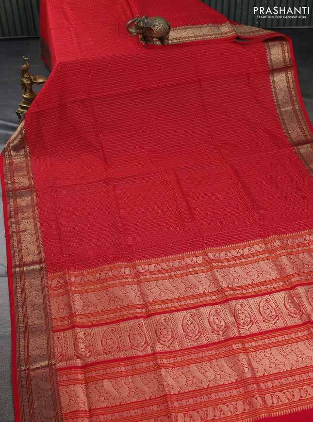 Kanchipuram silk cotton saree red with allover lakshadeepam pattern and rettapet zari woven border