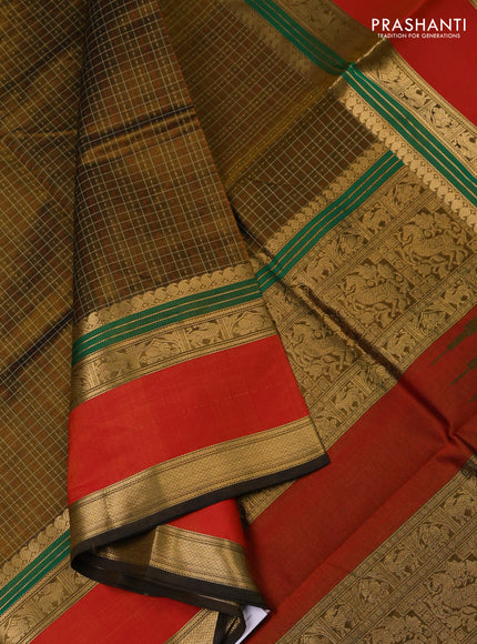 Kanchipuram silk cotton saree mehendi green and dual shade of red with allover lakshadeepam pattern and rettapet zari woven border