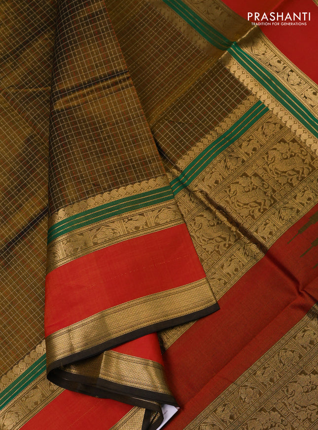 Kanchipuram silk cotton saree mehendi green and dual shade of red with allover lakshadeepam pattern and rettapet zari woven border