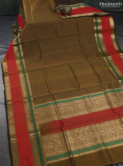 Kanchipuram silk cotton saree mehendi green and dual shade of red with allover lakshadeepam pattern and rettapet zari woven border