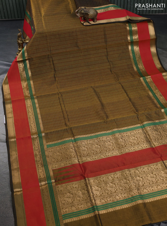 Kanchipuram silk cotton saree mehendi green and dual shade of red with allover lakshadeepam pattern and rettapet zari woven border