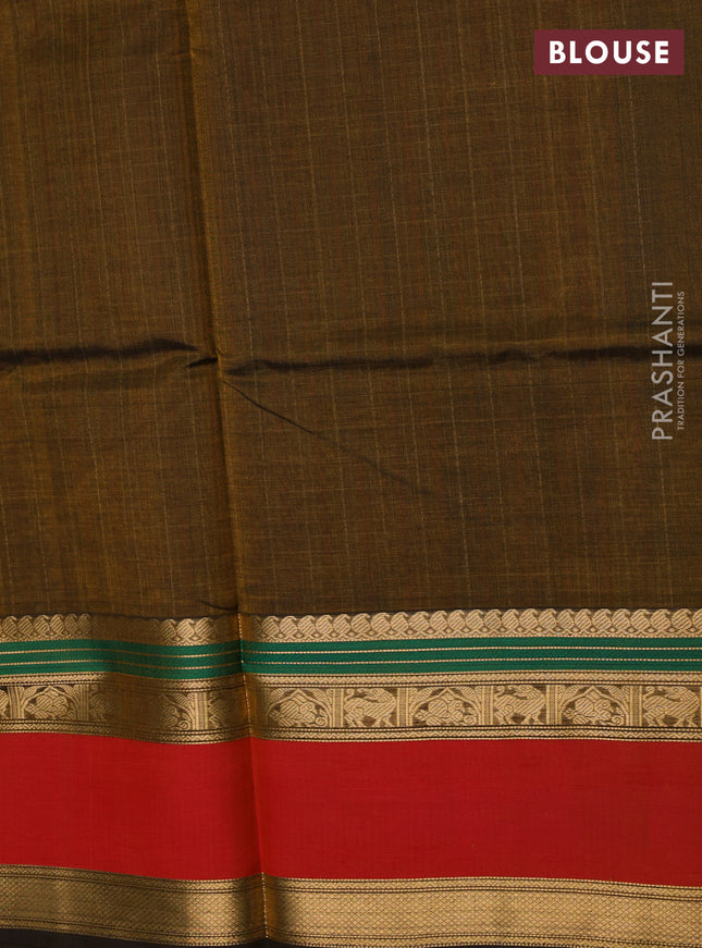 Kanchipuram silk cotton saree mehendi green and dual shade of red with allover lakshadeepam pattern and rettapet zari woven border
