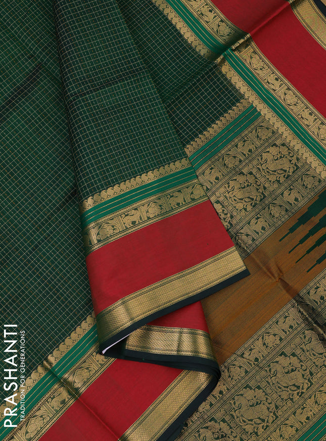 Kanchipuram silk cotton saree green and maroon with allover lakshadeepam pattern and rettapet zari woven border