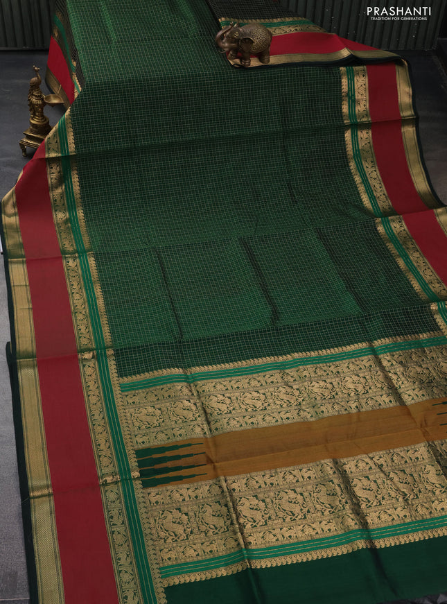 Kanchipuram silk cotton saree green and maroon with allover lakshadeepam pattern and rettapet zari woven border