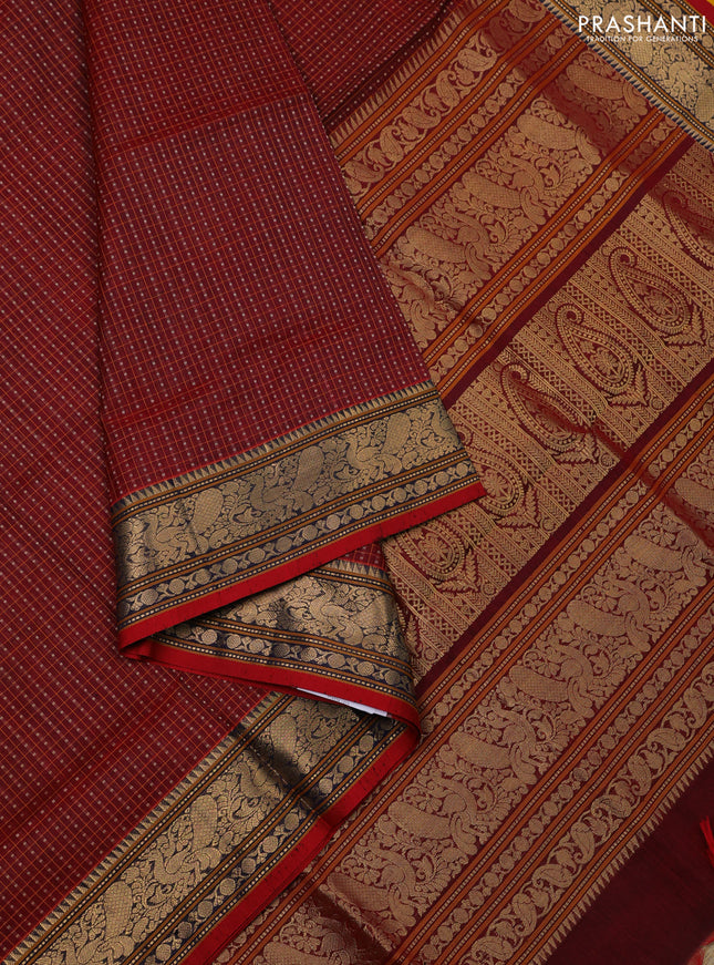 Kanchipuram silk cotton saree maroon and red with allover lakshadeepam pattern and rettapet zari woven border