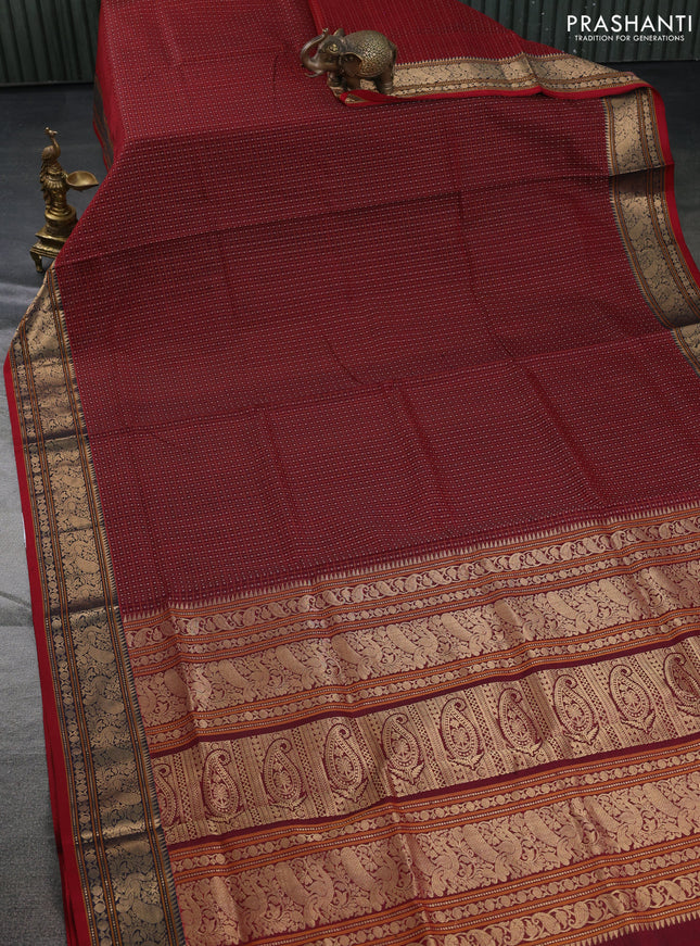 Kanchipuram silk cotton saree maroon and red with allover lakshadeepam pattern and rettapet zari woven border