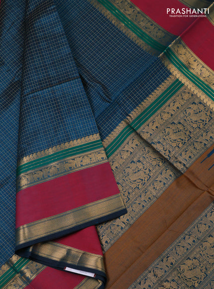 Kanchipuram silk cotton saree peacock blue and maroon with allover lakshadeepam pattern and rettapet zari woven border