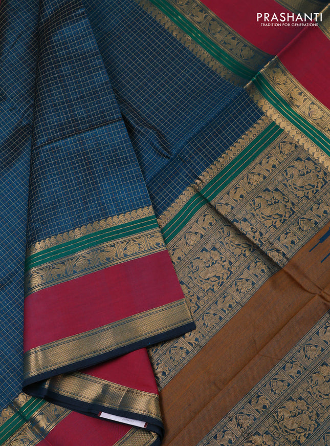 Kanchipuram silk cotton saree peacock blue and maroon with allover lakshadeepam pattern and rettapet zari woven border