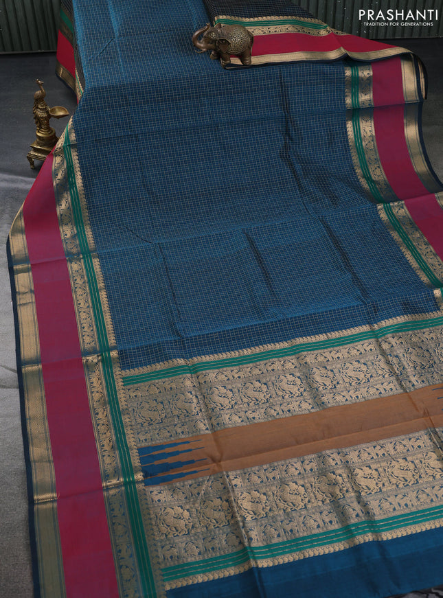 Kanchipuram silk cotton saree peacock blue and maroon with allover lakshadeepam pattern and rettapet zari woven border