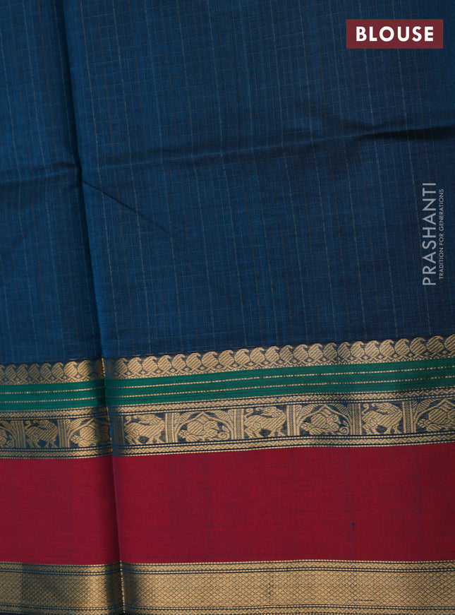 Kanchipuram silk cotton saree peacock blue and maroon with allover lakshadeepam pattern and rettapet zari woven border