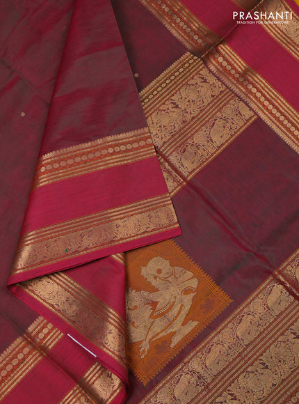 Kanchipuram silk cotton saree dual shade of greenish pink with zari woven buttas and rettapet zari woven border